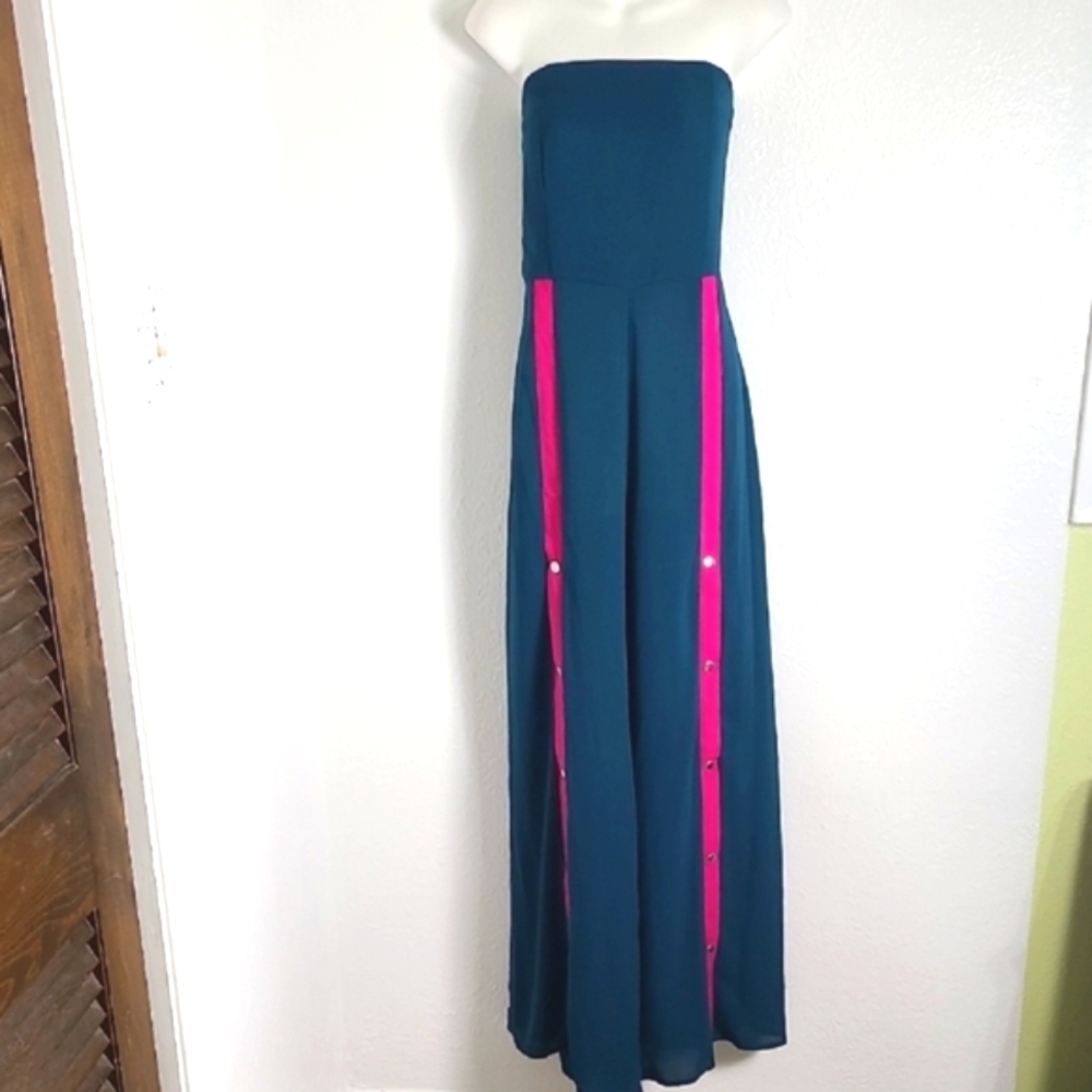 Pretty Little Thing Strapless Green Jumpsuit Pink Accent, Wide Leg Size 12, NWT - Picture 4 of 14